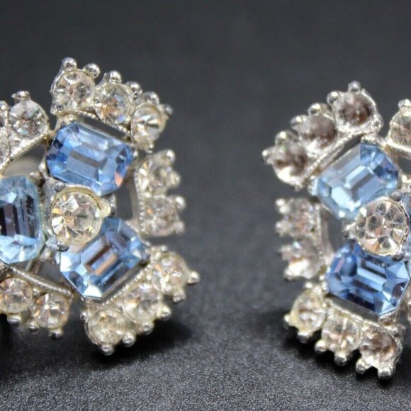 Vintage 1920s Henry Bogoff Clear & Topaz Rhinestone Screw Back Earrings Pair - Picture 1 of 4